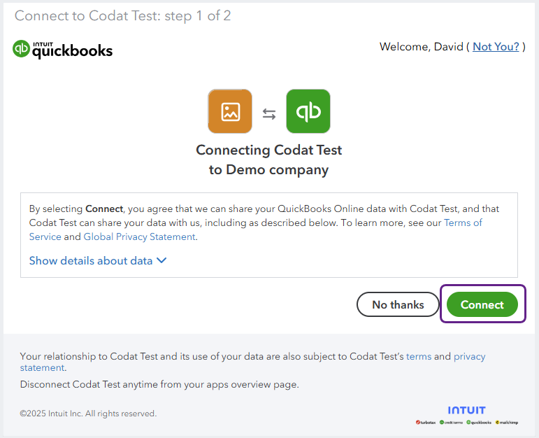 Screenshot of the QuickBooks Online connection interface listing the company that's being connected. The Connect button is highlighted.