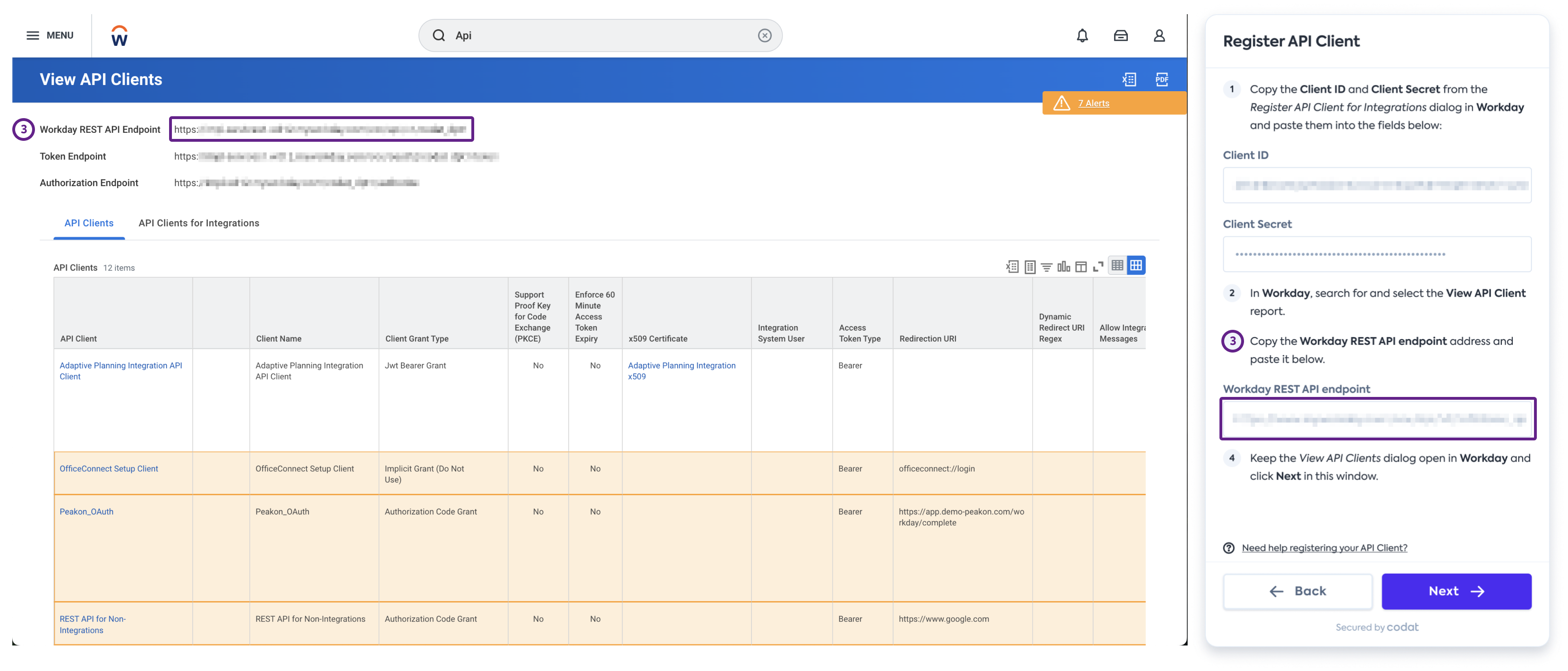 Screenshot of Workday’s interface displaying the View API Clients report with the Workday REST API endpoint line outlined.