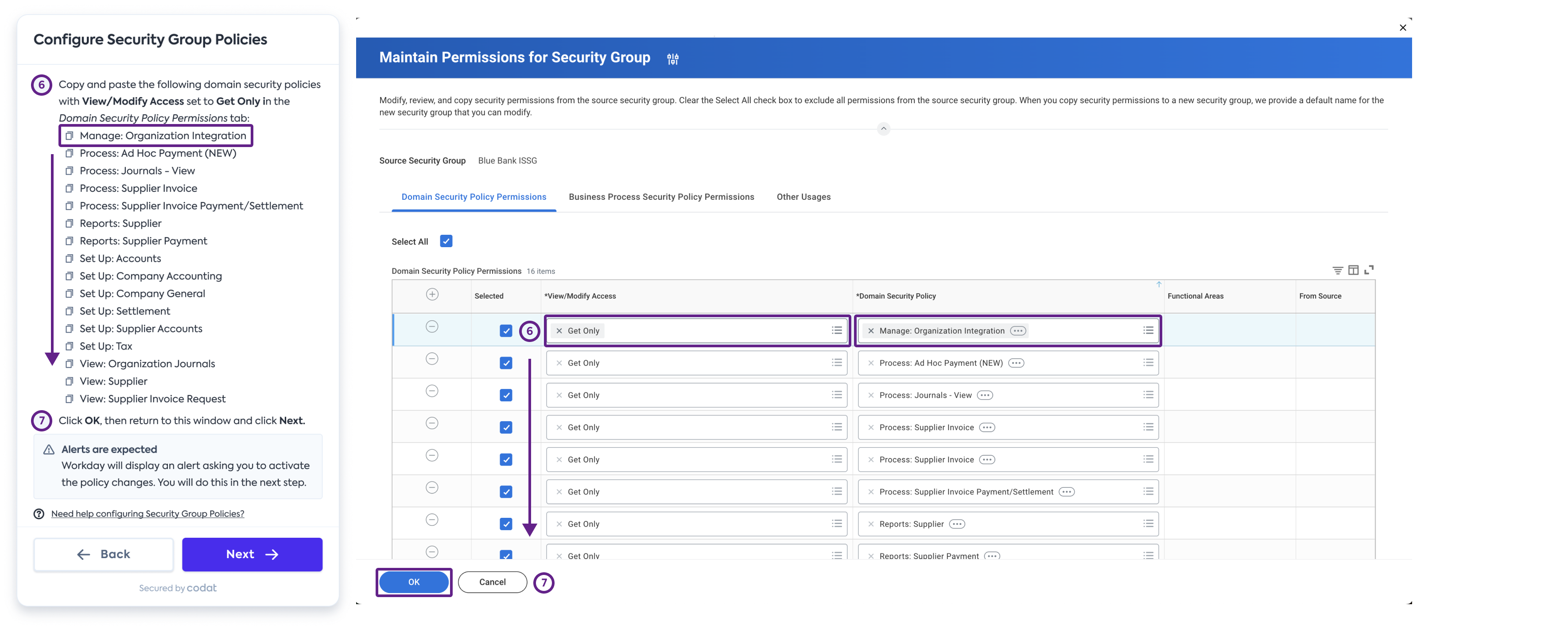 Screenshot of Workday’s interface displaying the Domain Security Policy Permissions dialog configured with the expected permissions.