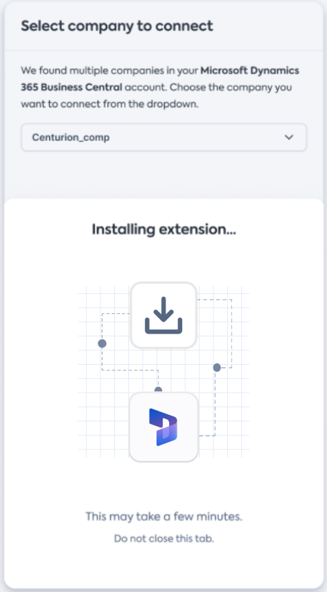 Screenshot of the Dynamics BC connection screen with the extension installation in progress.