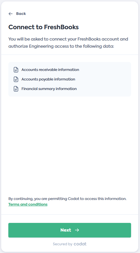 Screenshot of the Connect to FreshBooks screen of Codat's Link Flow.