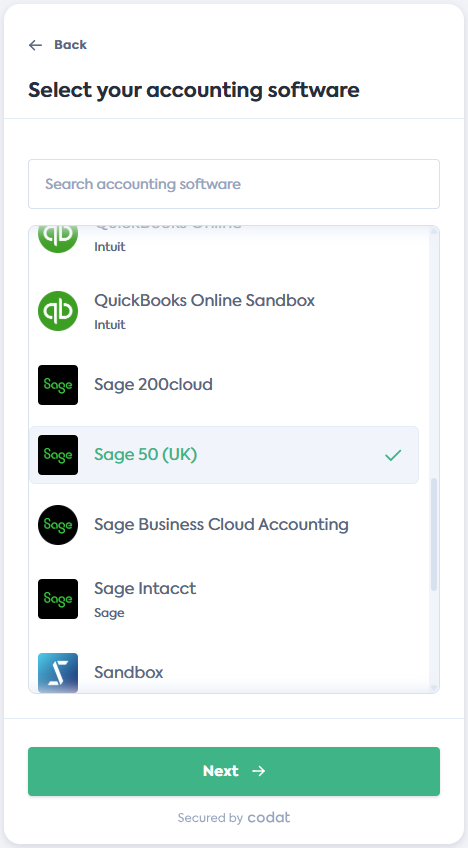 Screenshot of the Select your accounting software screen of Codat's Link Flow. It displays a list of integrations. Sage 50 tile is selected.
