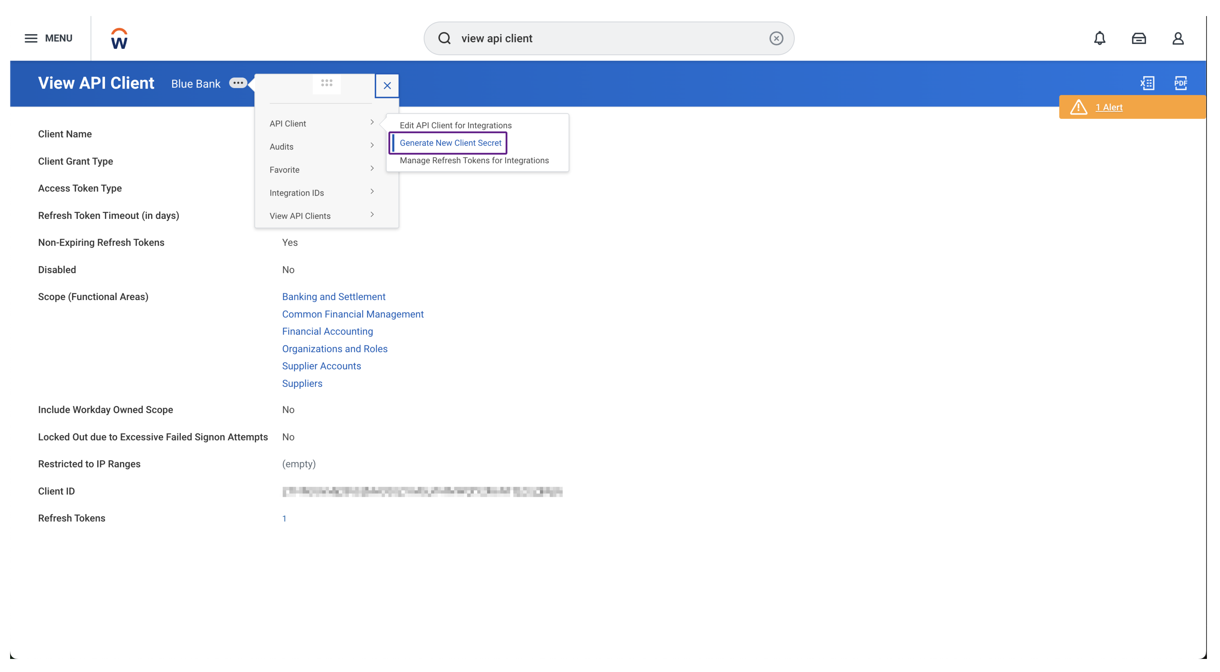Screenshot of Workday’s interface displaying the location of the Generate New Client Secret in the Related Actions section of View API Client's dialog.